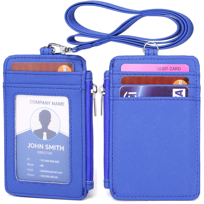Leamekor ID Badge Holder with Neck Lanyard PU Leather ID Badge Wallet Case with 1 ID Window, 4 Card Slots, 1 Side Zipper Pocket - Image 1